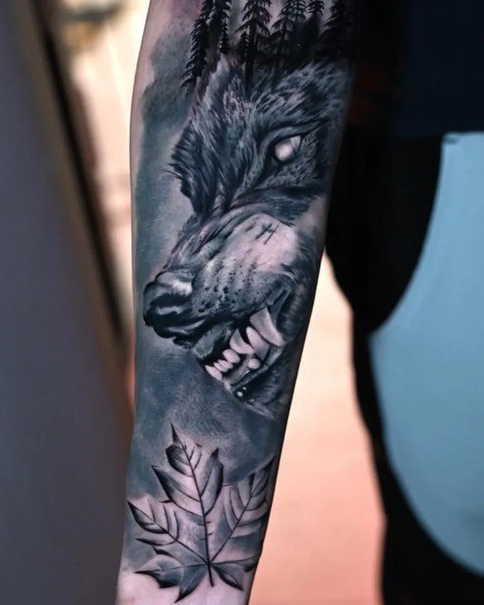 Big Black and Grey Wolf and Forest Men Arm Tattoo on by @antoniopatruno91