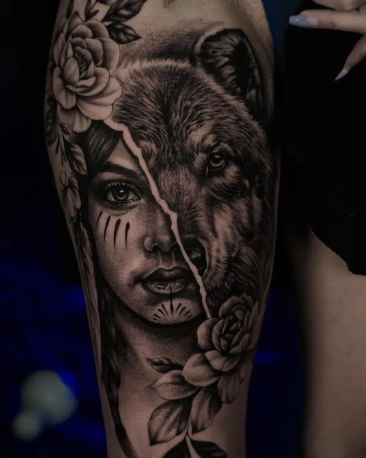 Big Black and Grey Wolf and Woman Face with Roses on Women Thigh Tattoo by @inkeria_tattoo