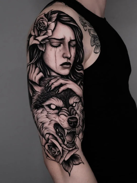 Big Black and Grey Wolf and Woman and Rose on Men Arm Tattoo by @rickytattoox
