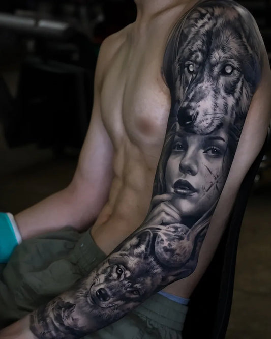 Big Black and Grey Wolf and Woman on Men Arm Tattoo by @tattoosbyiseul