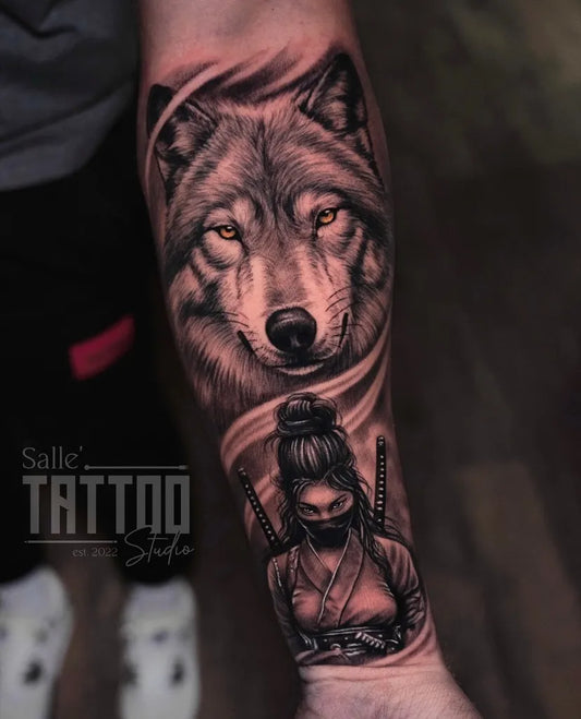 Big Black and Grey Wolf and Woman with Katanas on Men Arm Tattoo by @salletattoo