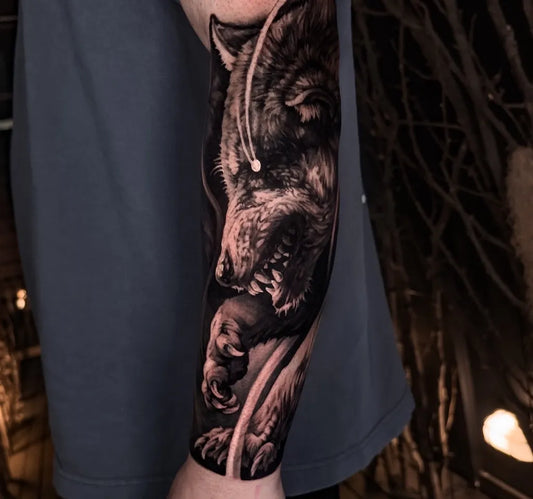 Big Black and Grey Wolf on Men Arm Tattoo by @alexnigliotattoos
