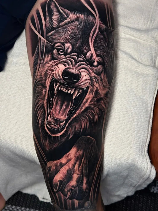 Big Black and Grey Wolf on Men Arm Tattoo by @bieltattoo_