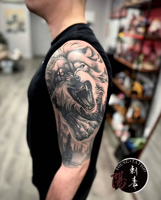 Big Black and Grey Wolf on Men Arm Tattoo by @christina__tattoo