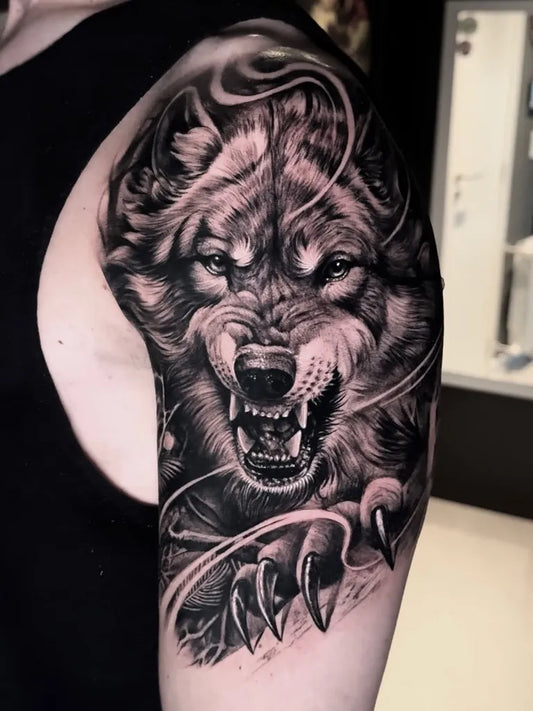 Big Black and Grey Wolf on Men Arm Tattoo by @ezequiel_viapiano