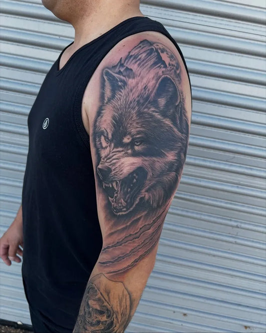 Big Black and Grey Wolf on Men Arm Tattoo by @hart_tat2