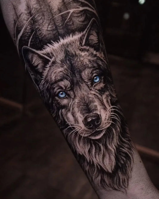Big Black and Grey Wolf on Men Arm Tattoo by @labelettebleuetattoo