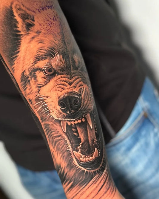 Big Black and Grey Wolf on Men Arm Tattoo by @sachu_tz