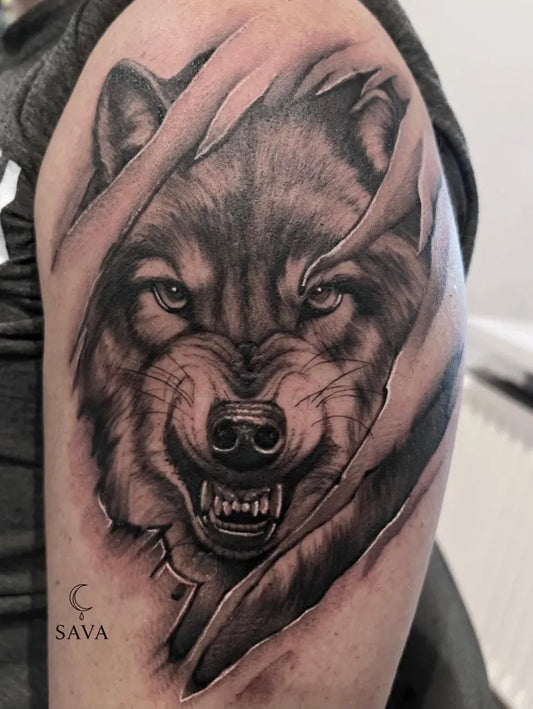 Big Black and Grey Wolf on Men Arm Tattoo by @sava.tattoo