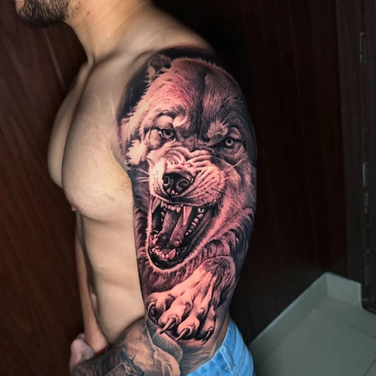 Big Black and Grey Wolf on Men Shoulder Tattoo by @smashink_pras_tattooz