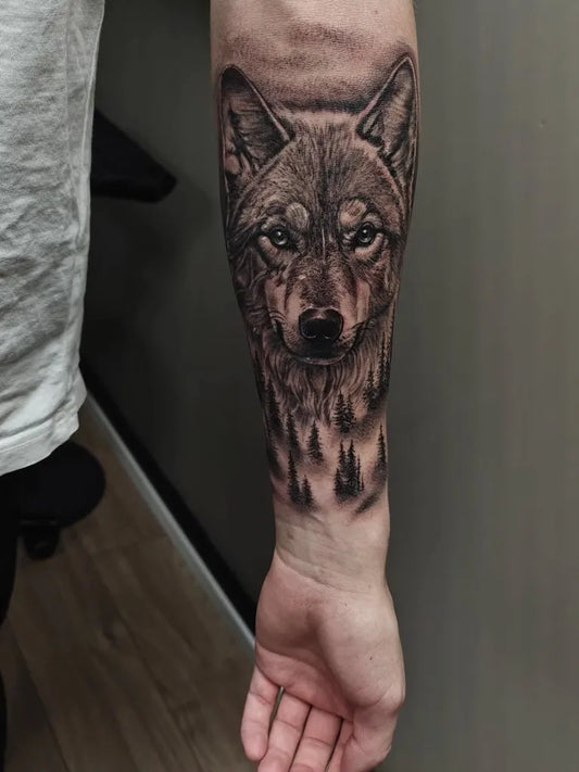 Big Black and Grey Wolf with Forest on Men Arm Tattoo by @tattoosampo