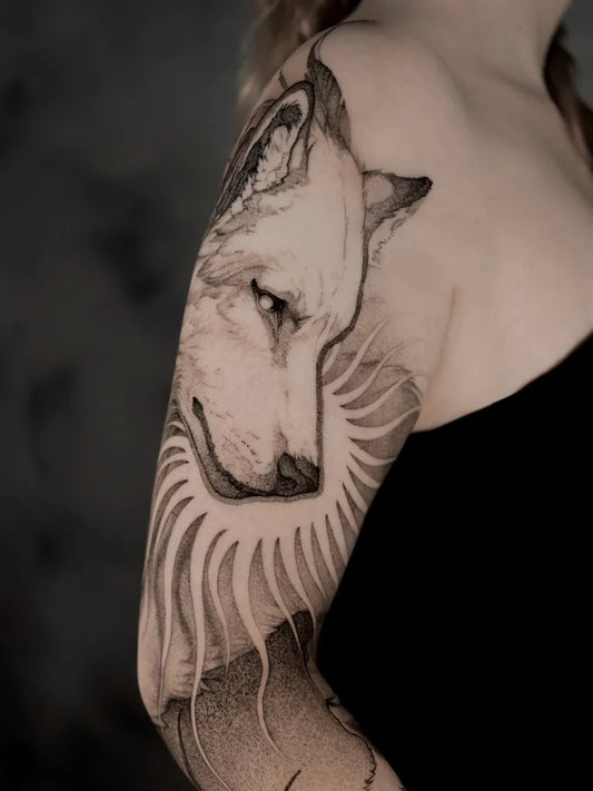 Big Black and Grey Wolf with Mandala on Women Arm Tattoo by @alcaninetattoo