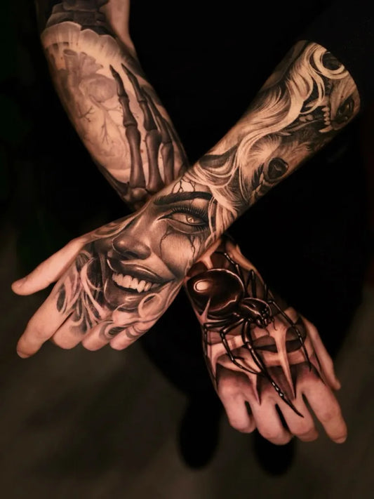 Big Black and Grey Woman Portrait Spider Hands Tattoo on Women Arms by @claudiabinditattoo