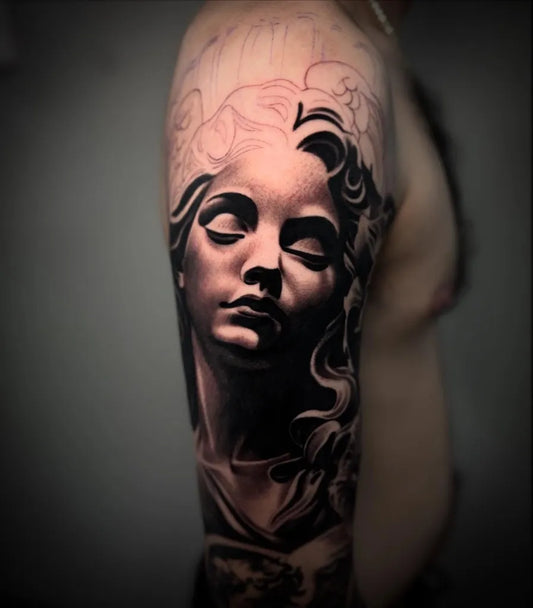Big Black and Grey Woman Portrait Tattoo on Men Upper Arm by @angel_damiangg