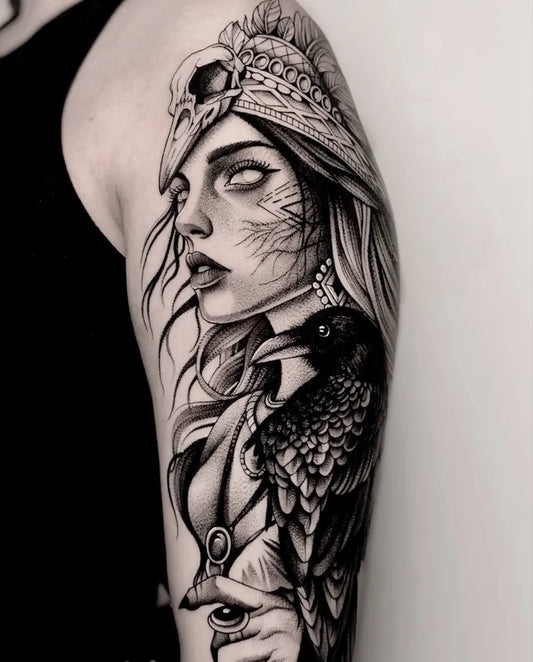Big Black and Grey Woman Warrior with Raven on Arm Tattoo by @osobliwie_tattoo