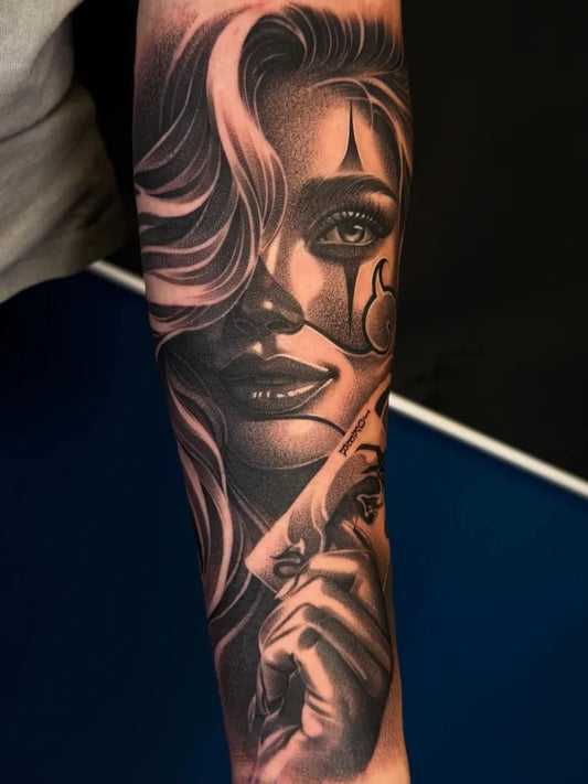 Big Black and Grey Woman with Sugar Skull and Rose Tattoo on Women Arm by @jgarcestattoo
