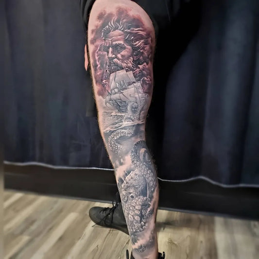 Big Black and Grey Zeus and Kraken Nautical Tattoo on Men Thigh by @j3ink