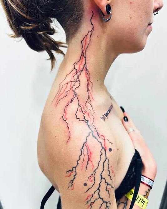Big Black and Red Lightning Tattoo on Women Neck by @rosnie_tattoos