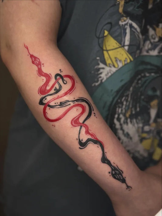 Big Black and Red Snake on Men Forearm Tattoo by @hongma_tt