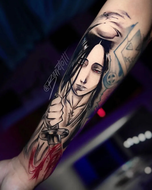 Big Black and White Anime Character on Men Arm Tattoo by @barretottt