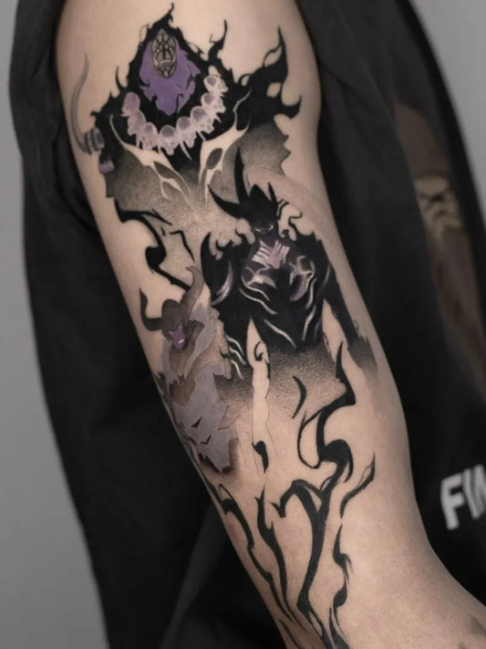 Big Black and White Anime Demon Woman on Arm Tattoo by @tommy.animett