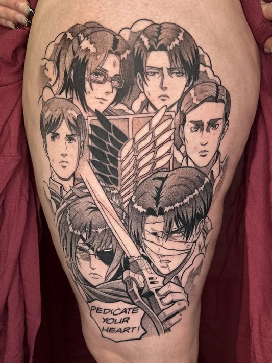 Big Black and White Attack on Titan Characters on Women Thigh Tattoo by @tyronguthrietattoos
