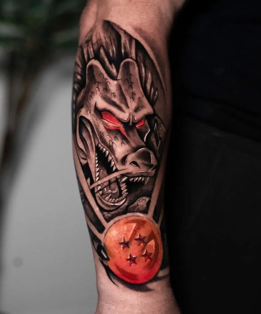 Big Black and White Dragon Mask with Dragon Ball on Men Arm Tattoo by @ryufertattoo