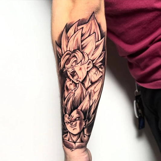 Big Black and White Goku and Vegeta on Men Arm Tattoo by @kozy.ink