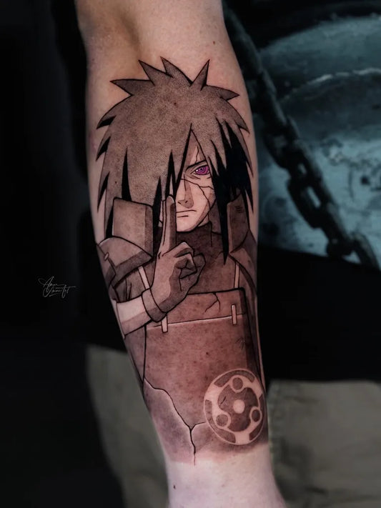 Big Black and White Itachi Uchiha on Men Arm Tattoo by @amar.animeart