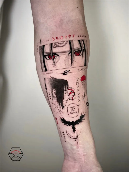 Big Black and White Itachi Uchiha on Men Arm Tattoo by @mattia.marte.tattoo