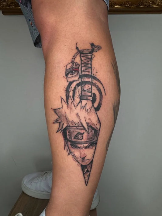 Big Black and White Naruto with Kunai on Men Leg Tattoo by @hajone_ink