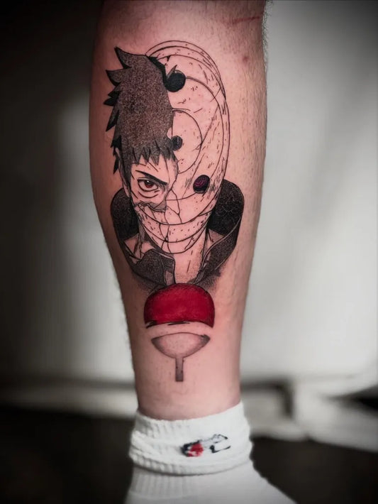 Big Black and White Tobi with Sharingan on Men Leg Tattoo by @maverix.ink