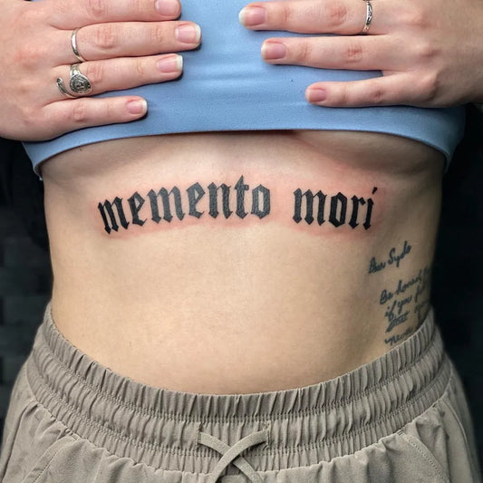 Big Blackletter Memento Mori on Women Underbust Tattoo by @d.creator