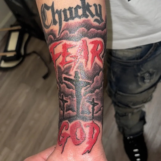 Big Blackwork 3 Crosses Fear God Tattoo on Men Arm by @big6tattoos