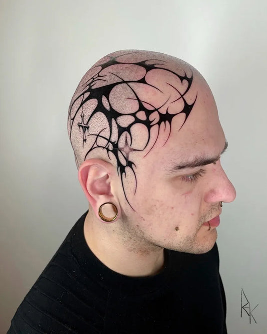 Big Blackwork Abstract Branching Tattoo on Men Head by @reyk.curse
