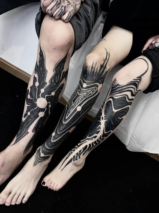 Big Blackwork Abstract Lines on Women Leg Tattoo by @4teven.e