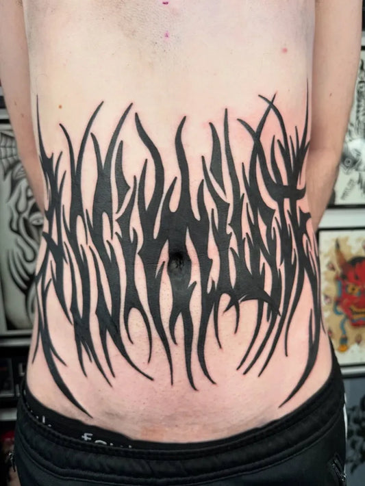 Big Blackwork Abstract Spikes Tattoo on Men Stomach by @jamie_95_tattoos