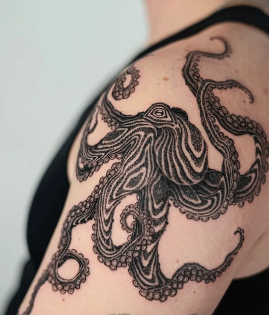 Big Blackwork Abstract Wavy Octopus Tattoo on Women Shoulder by @arang_eleven