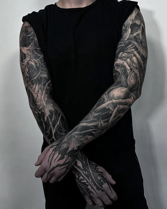 Big Blackwork AbstractBranches Tattoo on Men Arms by @szczuply.ink
