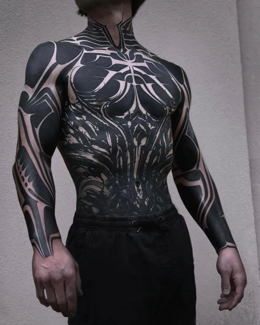 Big Blackwork AbstractOrganicPatterns Tattoo on Men Torso by @blackonblacktattoo