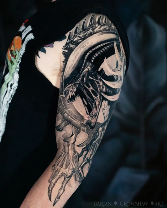 Big Blackwork Alien Tattoo on Men Arm by @bombshelltattoo