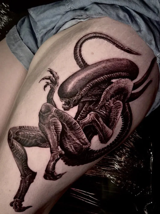 Big Blackwork Alien Tattoo on Women Thigh by @jackakehurst