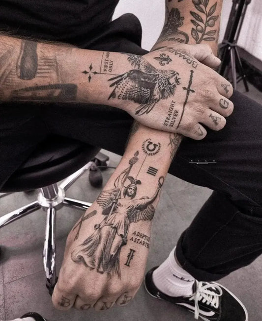 Big Blackwork Angel Bird Tower on Men Arms Tattoo by @inklarity_official