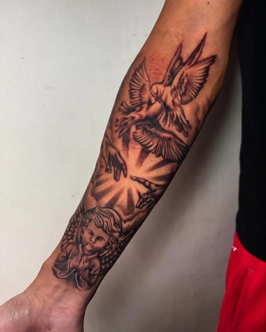Big Blackwork Angel Cherub and God Hand on Men Arm Religious Tattoo by @lancieboytattoo