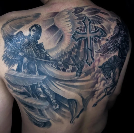 Big Blackwork Angel Demon Tattoo on Men Back by @cyka_tattoo