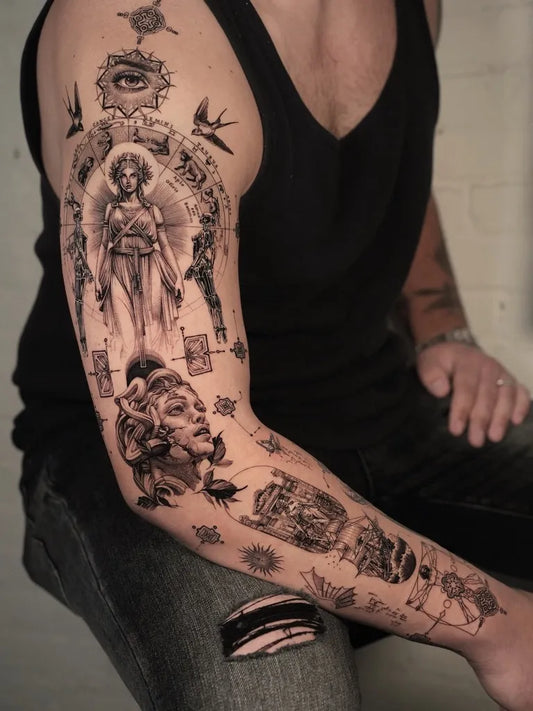 Big Blackwork Angel Lion Mask on Men Arm Sleeve Tattoo by @pols_tattoo