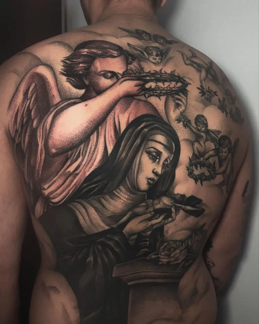 Big Blackwork Angel Nun and Cherubs on Men Back Religious Tattoo by @tatsproshops