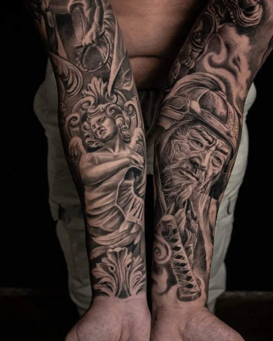 Big Blackwork Angel Samurai Warrior on Men Arms Tattoo by @la_galeria_negra