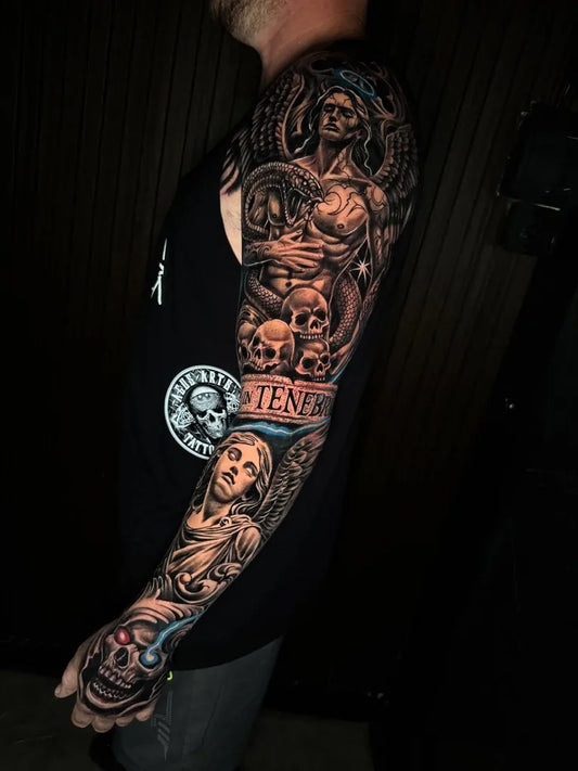 Big Blackwork Angel Skeleton with Banner on Men Arm Sleeve Tattoo by @agusarts
