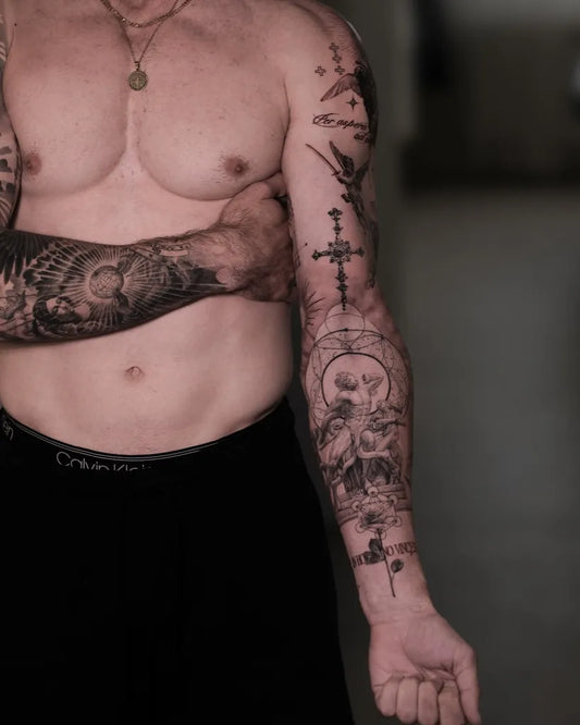 Big Blackwork Angel Skull Cross on Men Arm Sleeve Tattoo by @xsonseven